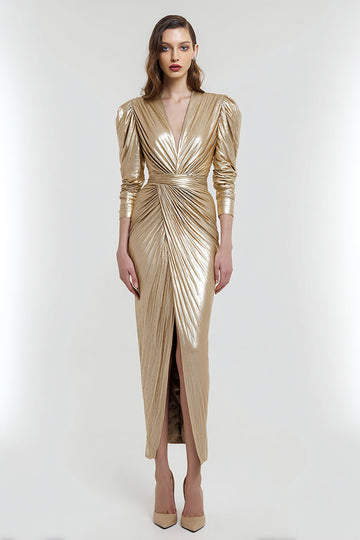 Sheath V-Neck Ruched Light Gold Formal Dress With Slit